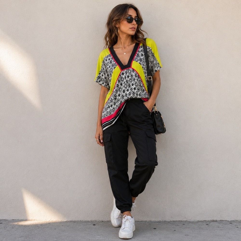 Rampage Top Y2K Geometric Neon Yellow Black Colorblock V-Neck Blouse Small